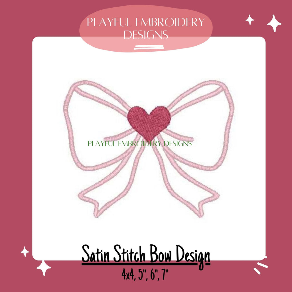 Satin Stitch Bow with Heart Embroidery Design, Bow Machine Embroidery Design, Valentines Heart Bow Design, Digital Download