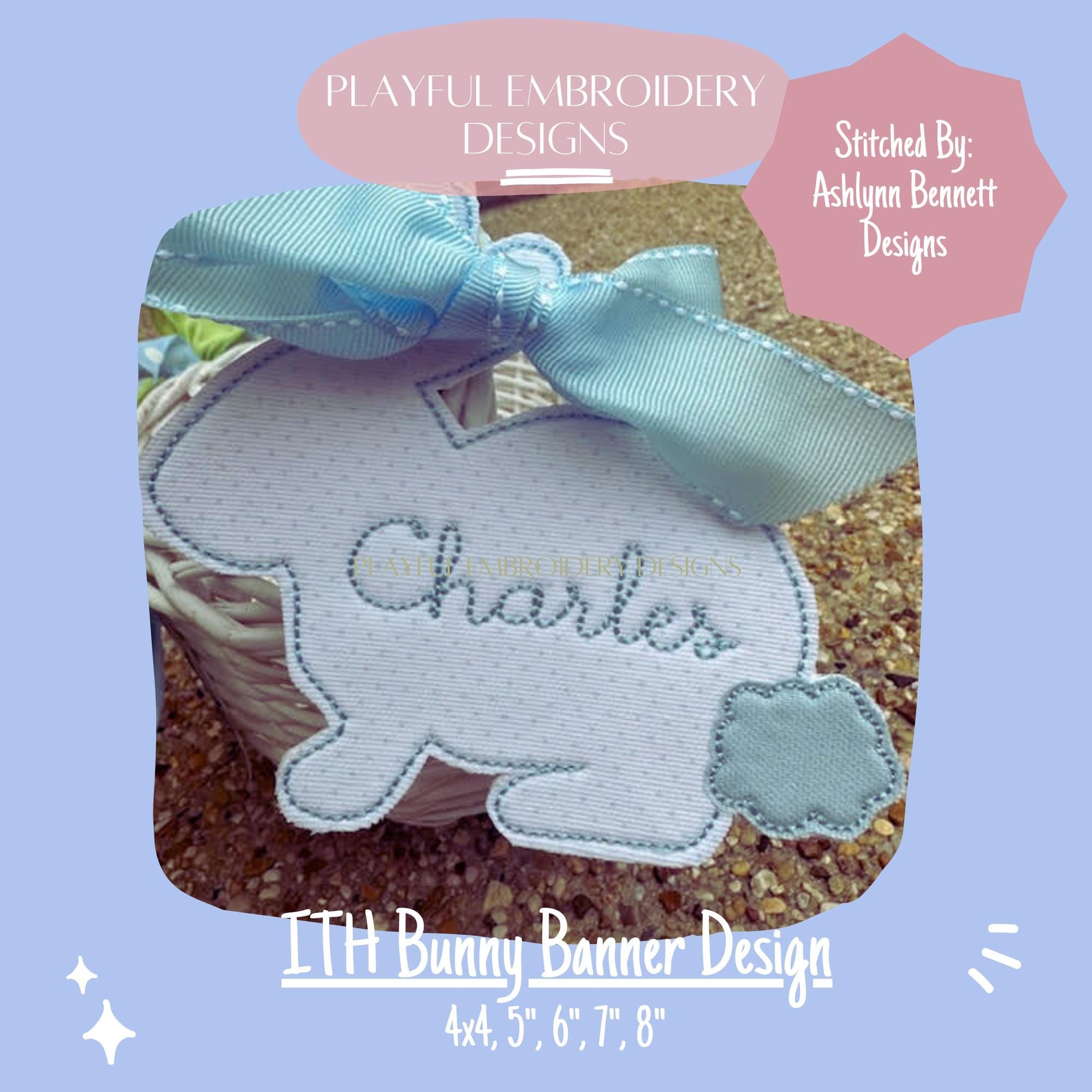 In The Hoop Bunny Banner Machine Embroidery Design, ITH Easter Banner Design, Bean Stitch Bunny Banner, In the Hoop Bunny Banner Design