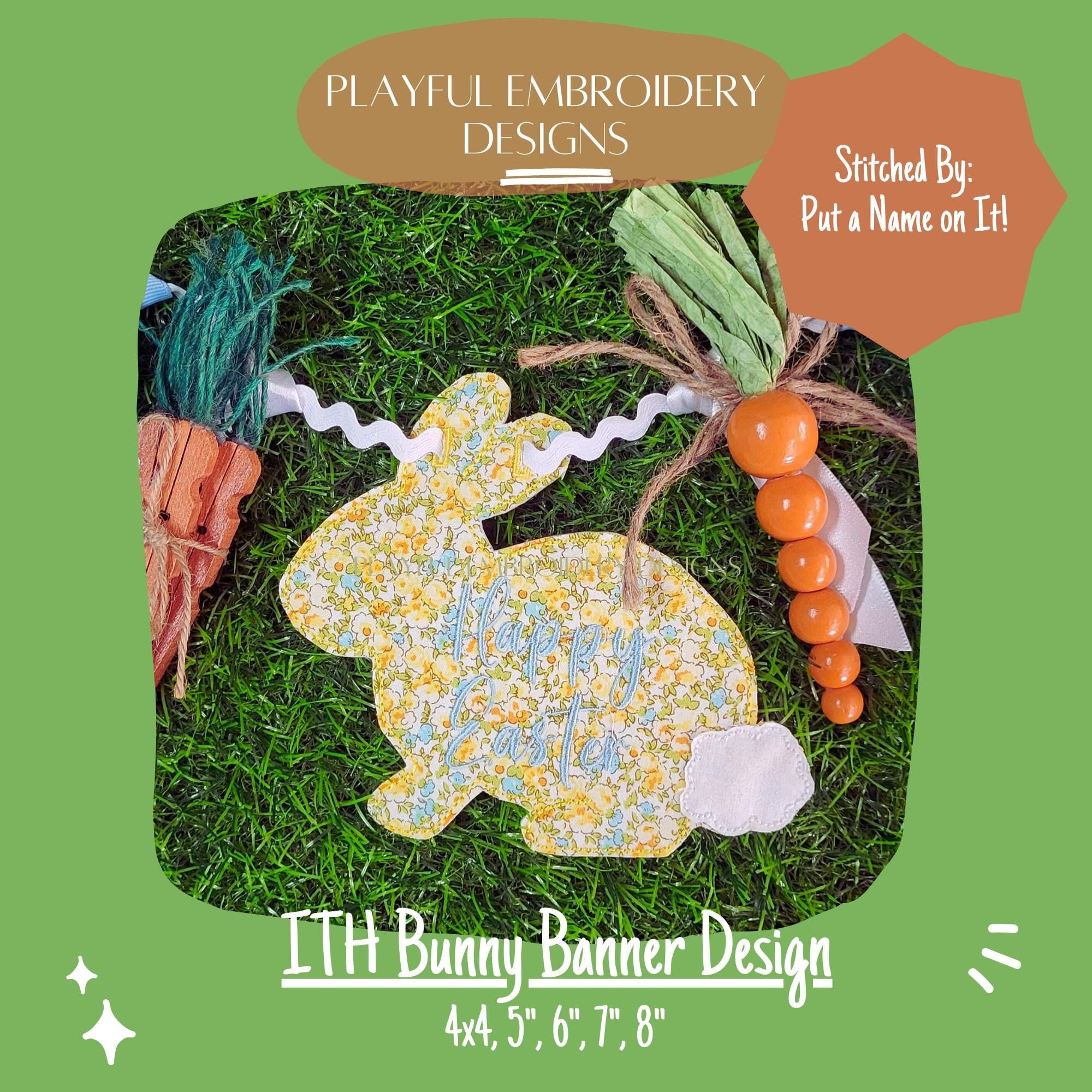In The Hoop Bunny Banner Machine Embroidery Design, ITH Easter Banner Design, Bean Stitch Bunny Banner, In the Hoop Bunny Banner Design