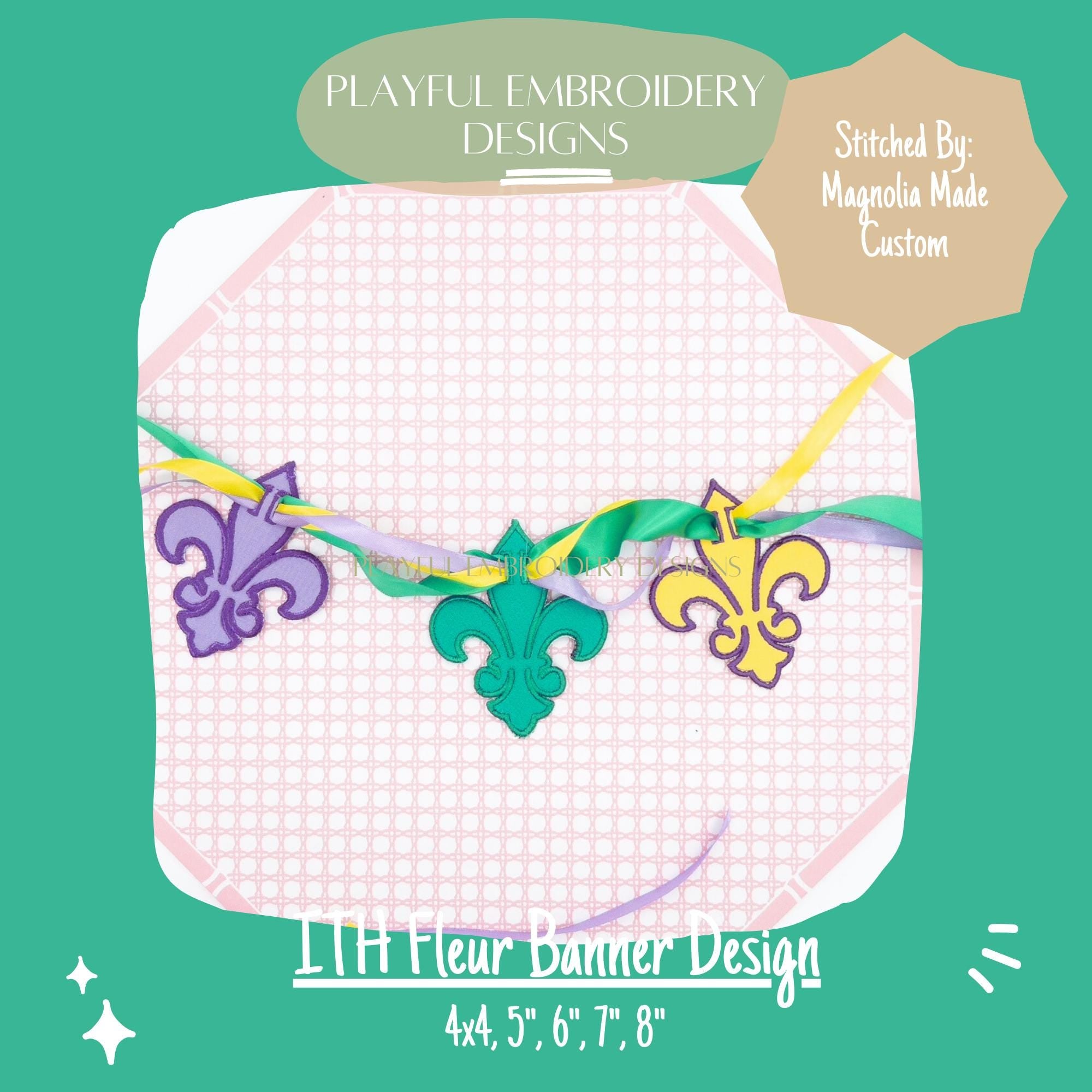 In The Hoop Fleur Banner Machine Embroidery Design, ITH Fleur De Lis Banner Design, ITH Mardi Gras Design, ITH Satin Stitch Banner