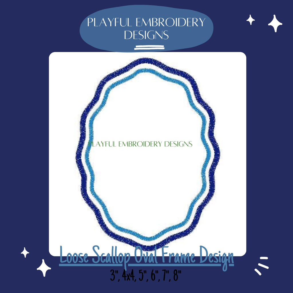 Scalloped Satin Stitch Monogram Frame, Loose Scallop Oval Monogram Frame Design, Satin Stitch Monogram Frame Machine Embroidery Design