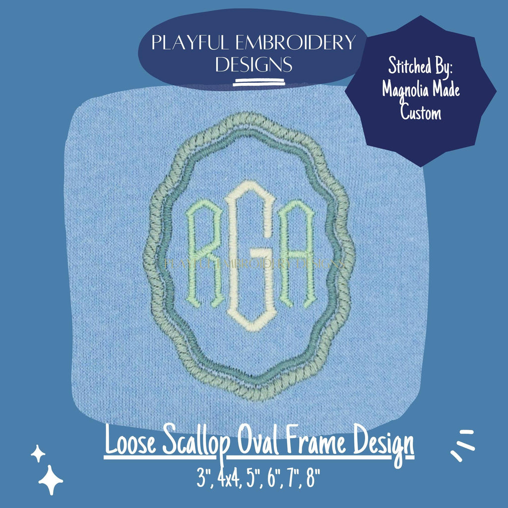 Scalloped Satin Stitch Monogram Frame, Loose Scallop Oval Monogram Frame Design, Satin Stitch Monogram Frame Machine Embroidery Design