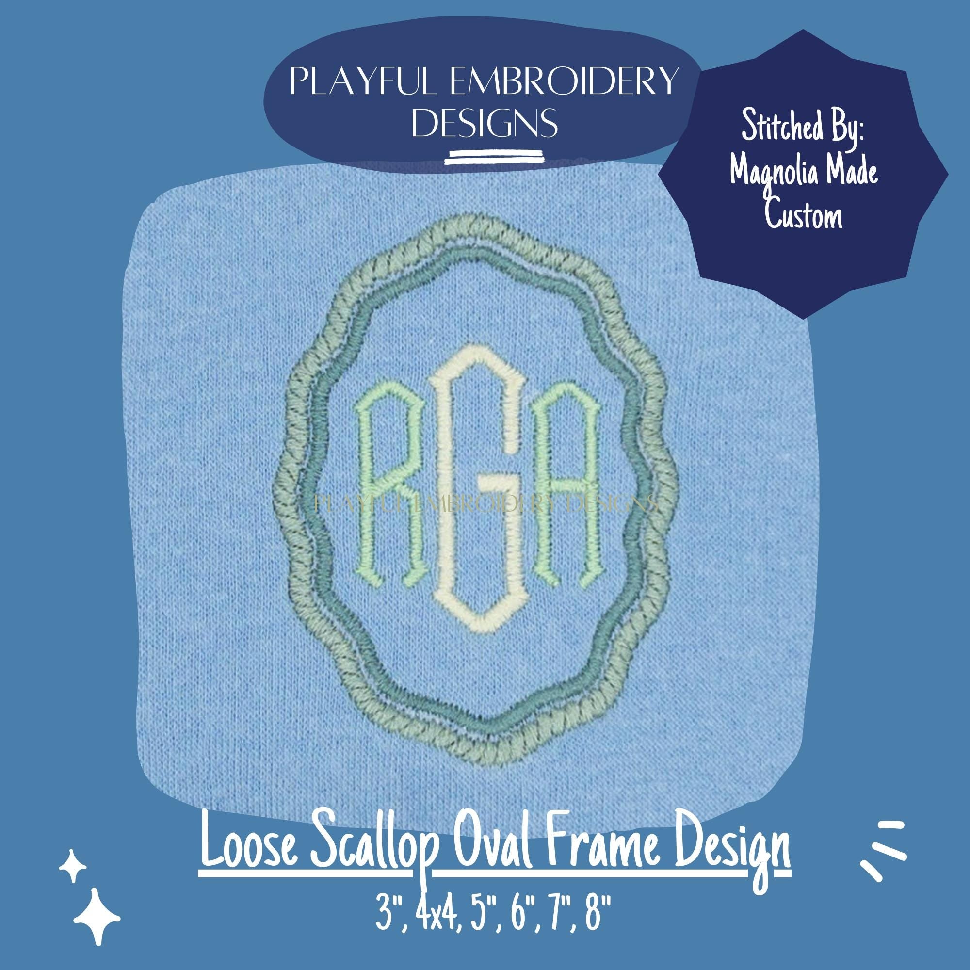 Scalloped Satin Stitch Monogram Frame, Loose Scallop Oval Monogram Frame Design, Satin Stitch Monogram Frame Machine Embroidery Design