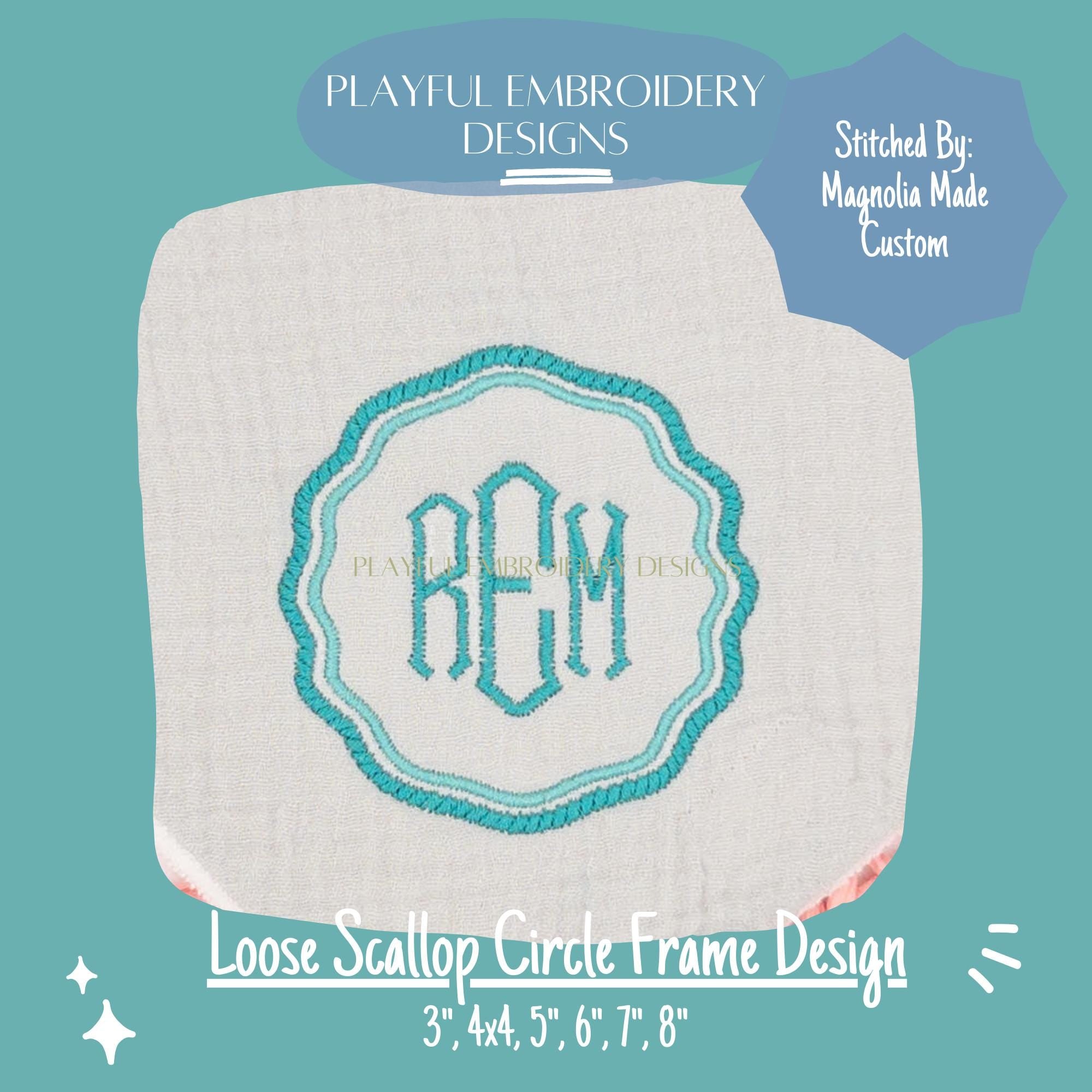 Scalloped Satin Stitch Monogram Frame, Loose Scallop Circle Monogram Frame Design, Satin Stitch Monogram Frame Machine Embroidery Design