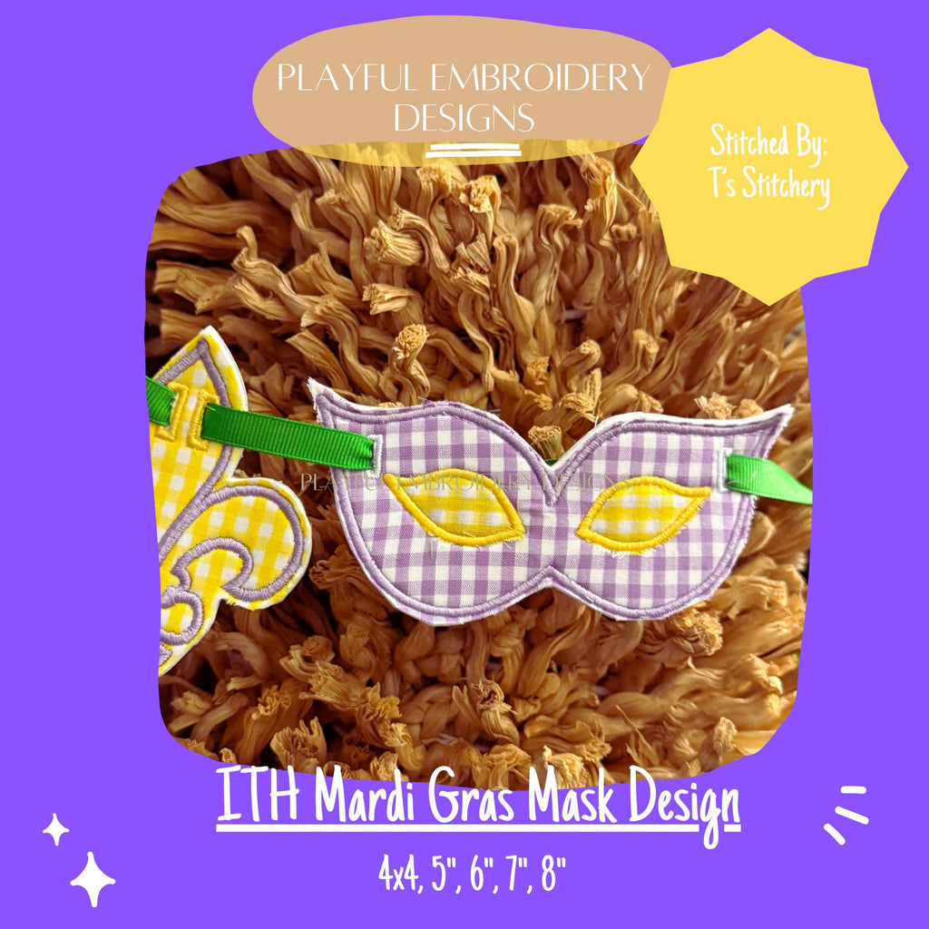 In The Hoop Mardi Gras Mask Banner Machine Embroidery Design, ITH Mask Banner Design, ITH Double Applique Mardi Gras Mask Design