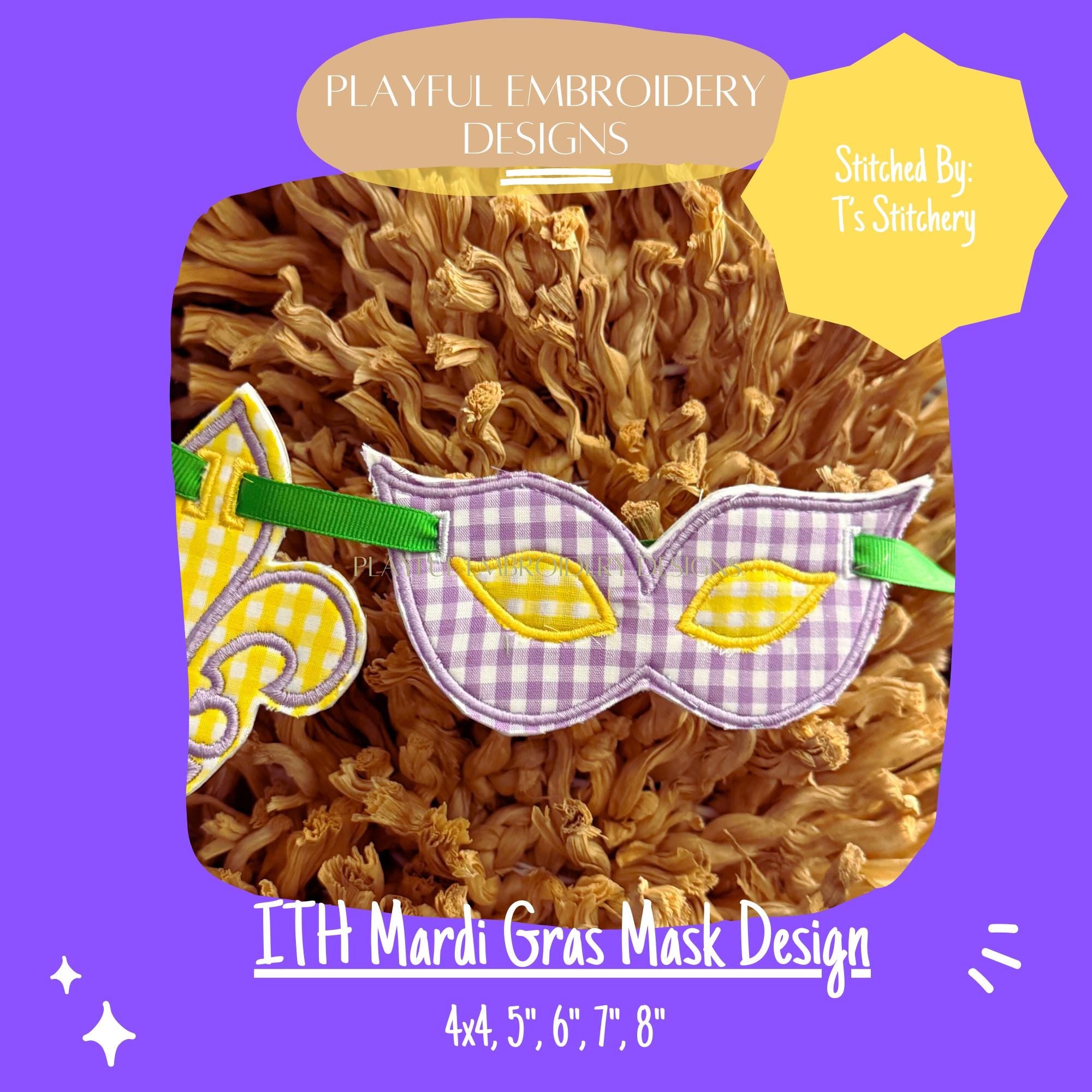 In The Hoop Mardi Gras Mask Banner Machine Embroidery Design, ITH Mask Banner Design, ITH Double Applique Mardi Gras Mask Design