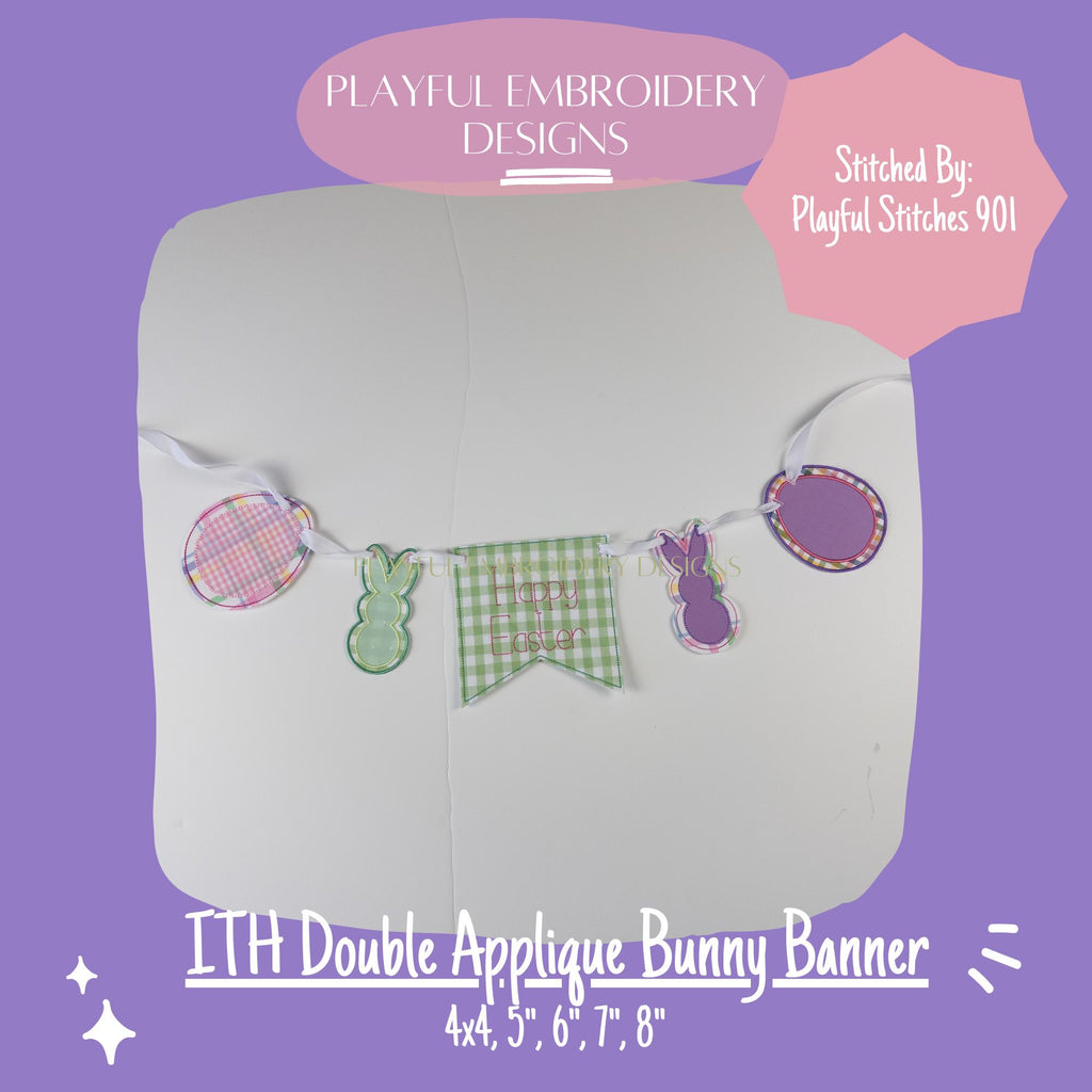 In The Hoop Bunny Banner Machine Embroidery Design, ITH Easter Banner Design, Double Applique Bean Stitch Bunny Banner