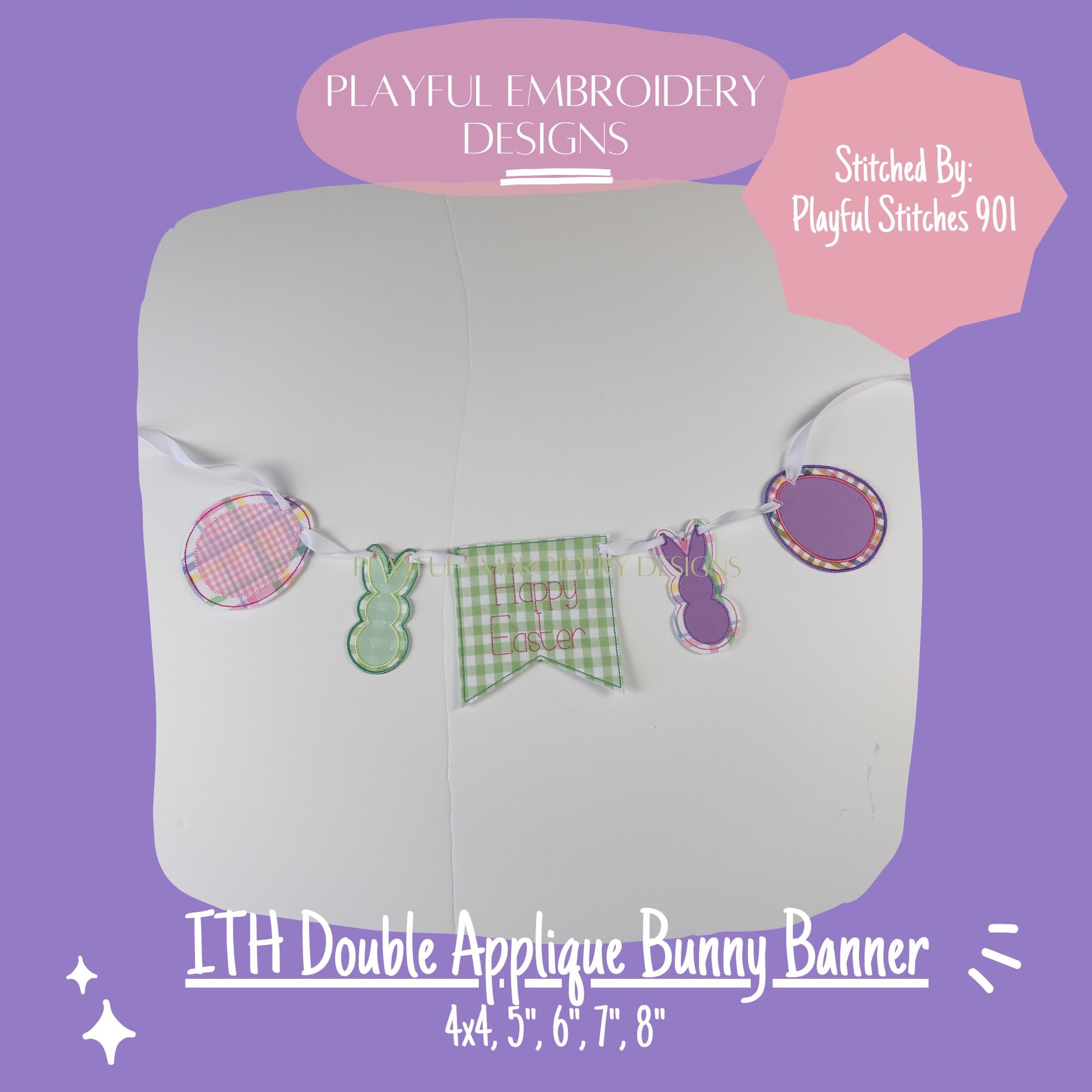 In The Hoop Bunny Banner Machine Embroidery Design, ITH Easter Banner Design, Double Applique Bean Stitch Bunny Banner