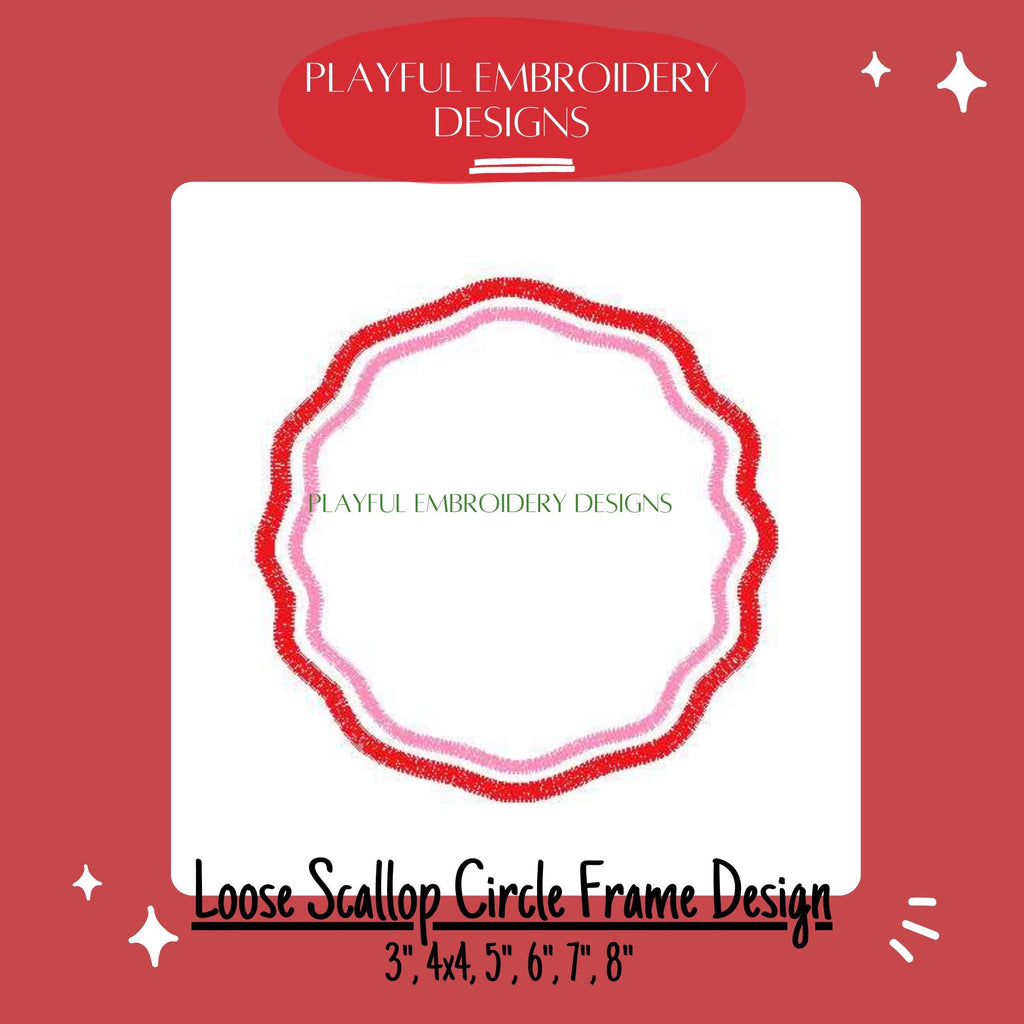 Scalloped Satin Stitch Monogram Frame, Loose Scallop Circle Monogram Frame Design, Satin Stitch Monogram Frame Machine Embroidery Design