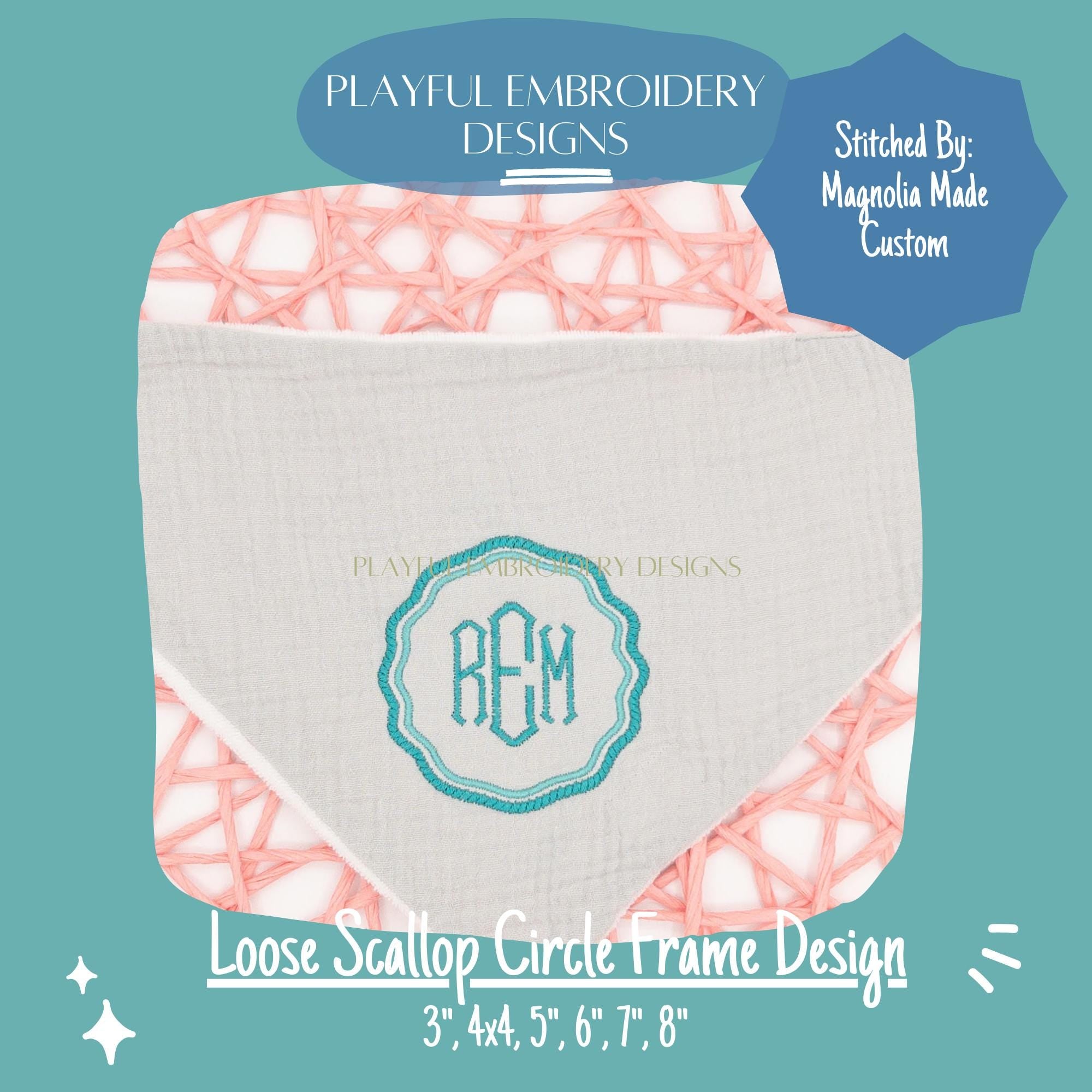 Scalloped Satin Stitch Monogram Frame, Loose Scallop Circle Monogram Frame Design, Satin Stitch Monogram Frame Machine Embroidery Design