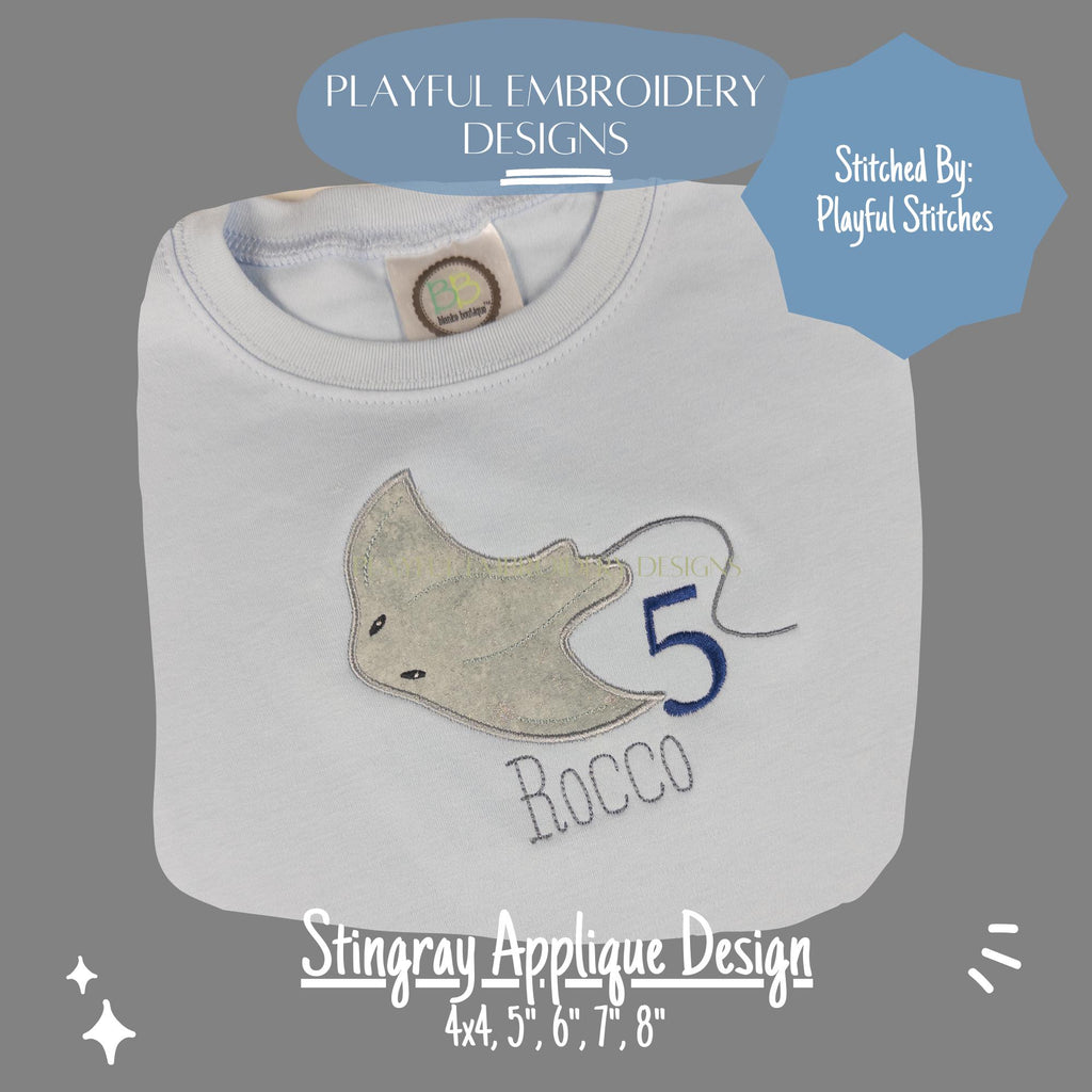 Stingray Applique Machine Embroidery Design, Sea Creature Applique Design, Satin Stitch Stingray Embroidery Design