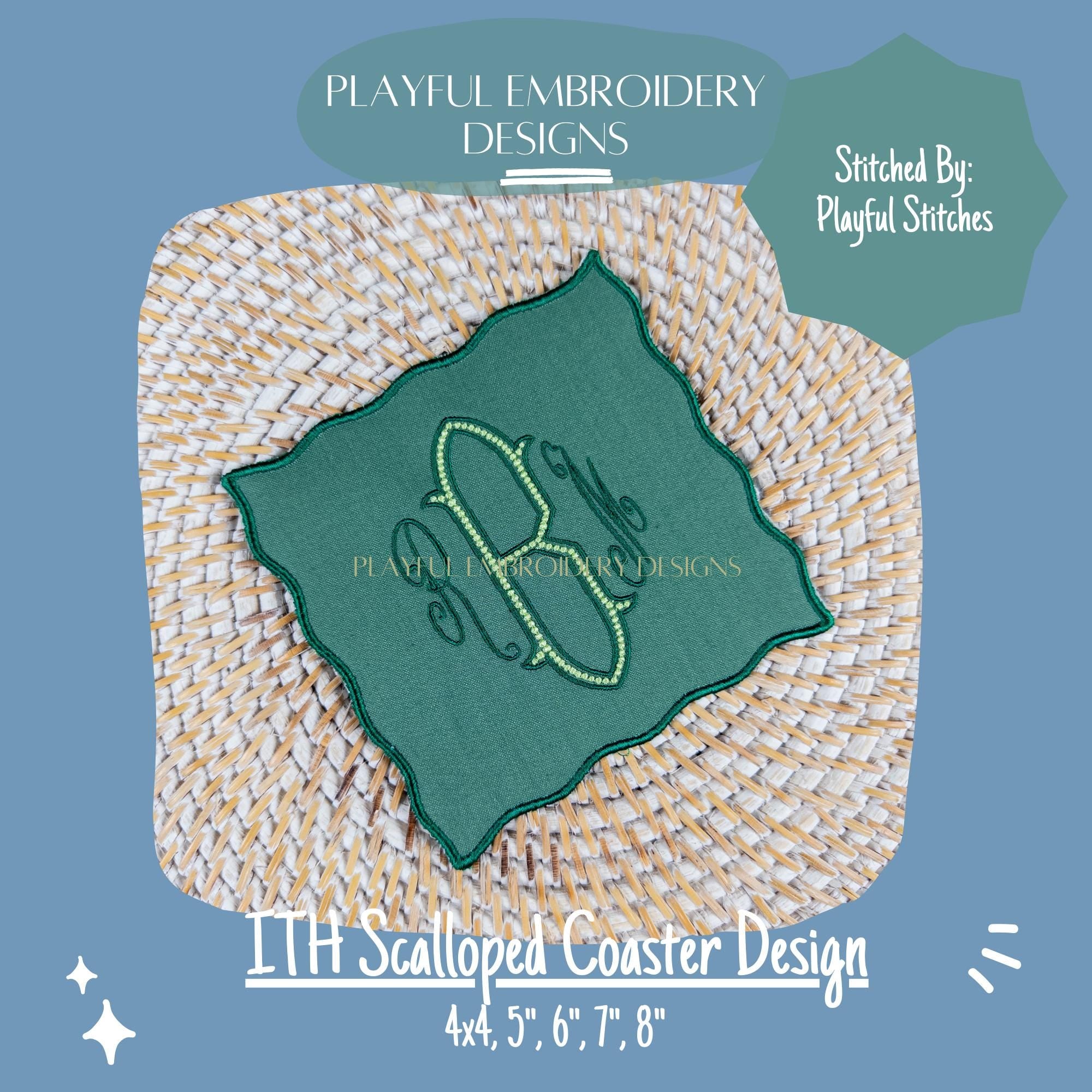 In The Hoop Scalloped Coaster Design for Machine Embroidery, ITH Cocktail Napkin Design, Scalloped Custom Coaster Design, Digital Download