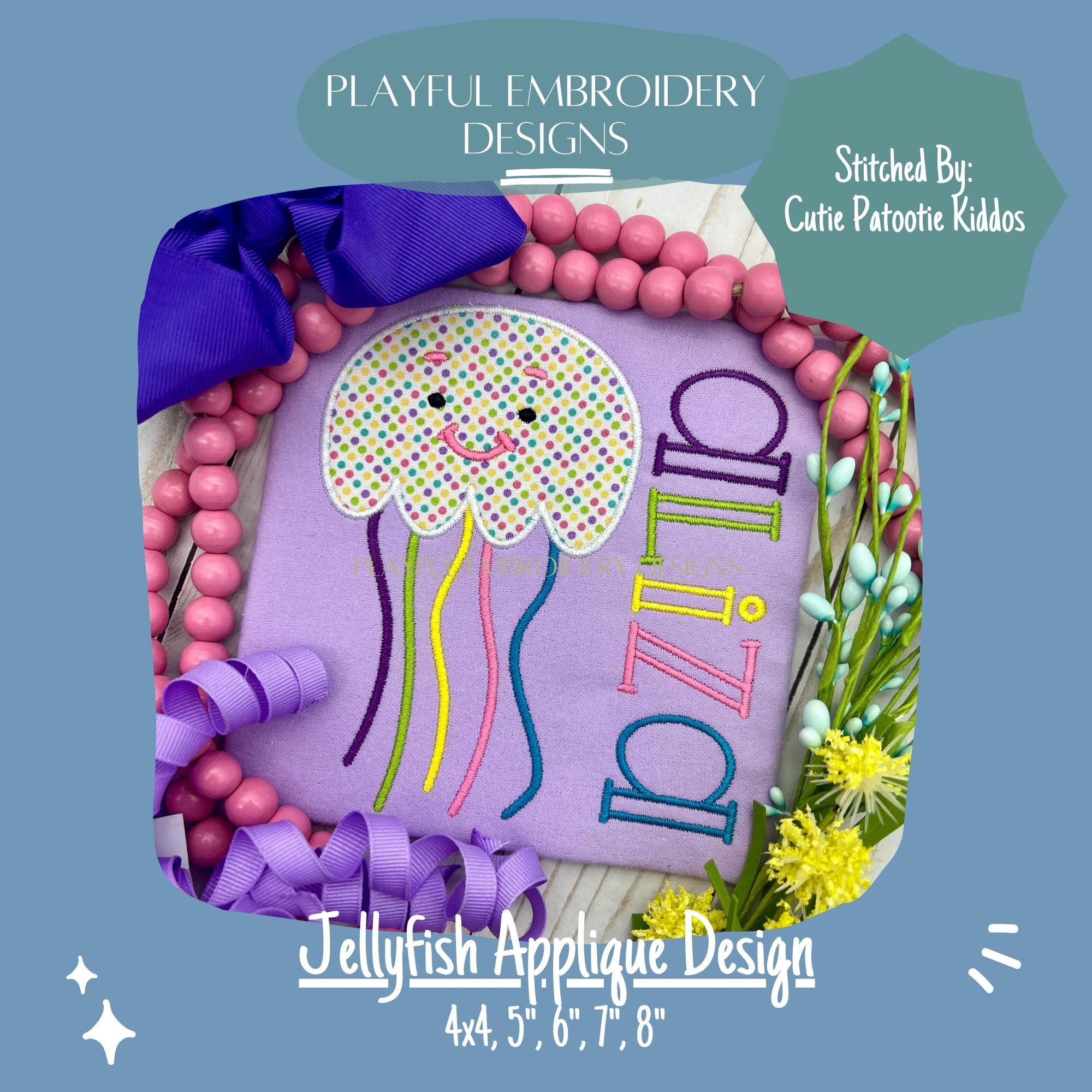 Jellyfish Applique Machine Embroidery Design, Cute Jelly Fish Applique Design, Beach Applique Design, Digital Download