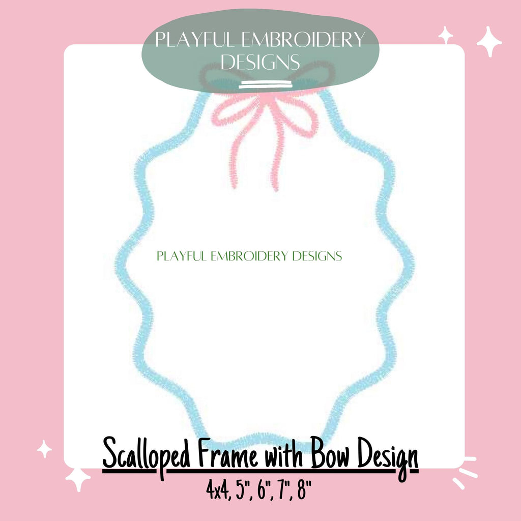 Scalloped Monogram Frame with Bow Machine Embroidery Design, 4x4, 5x7, 6x10, 8x8, Girly Monogram Frame Design, Digital Download