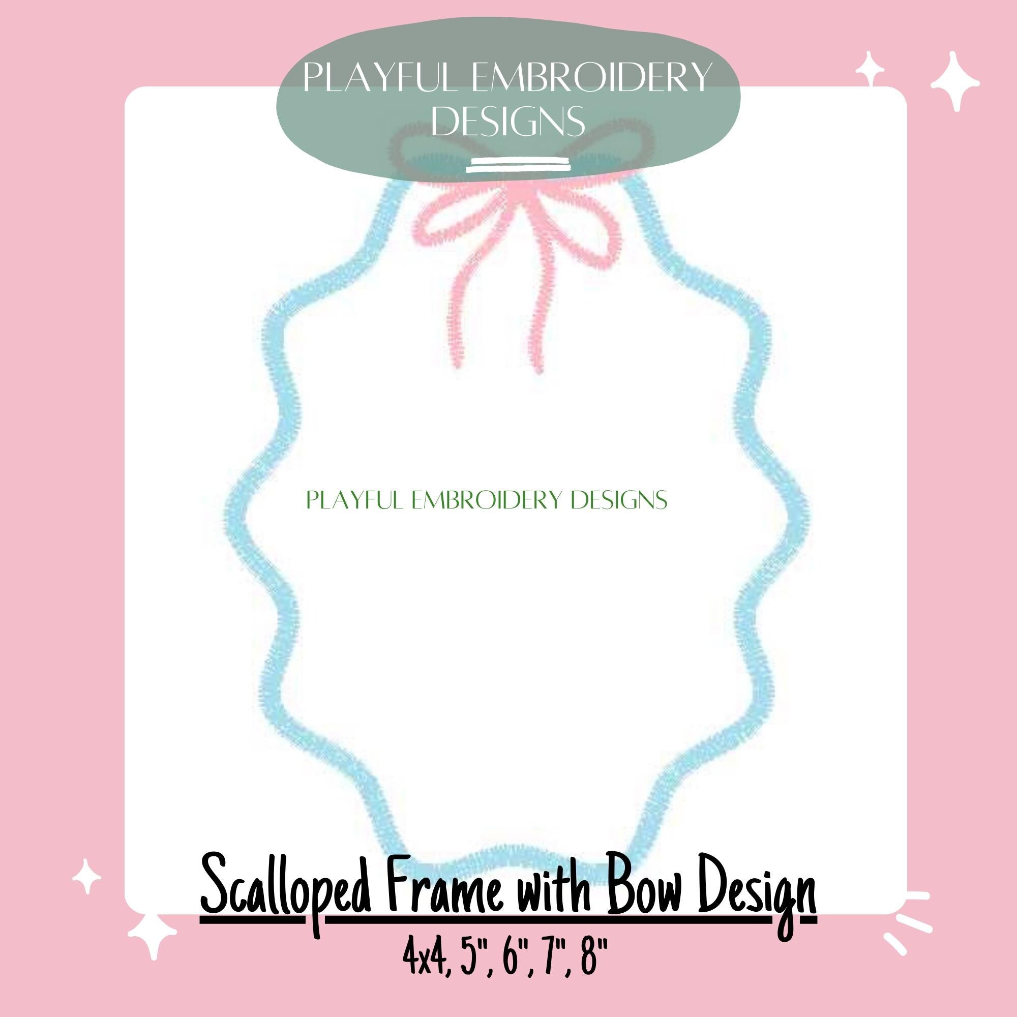 Scalloped Monogram Frame with Bow Machine Embroidery Design, 4x4, 5x7, 6x10, 8x8, Girly Monogram Frame Design, Digital Download
