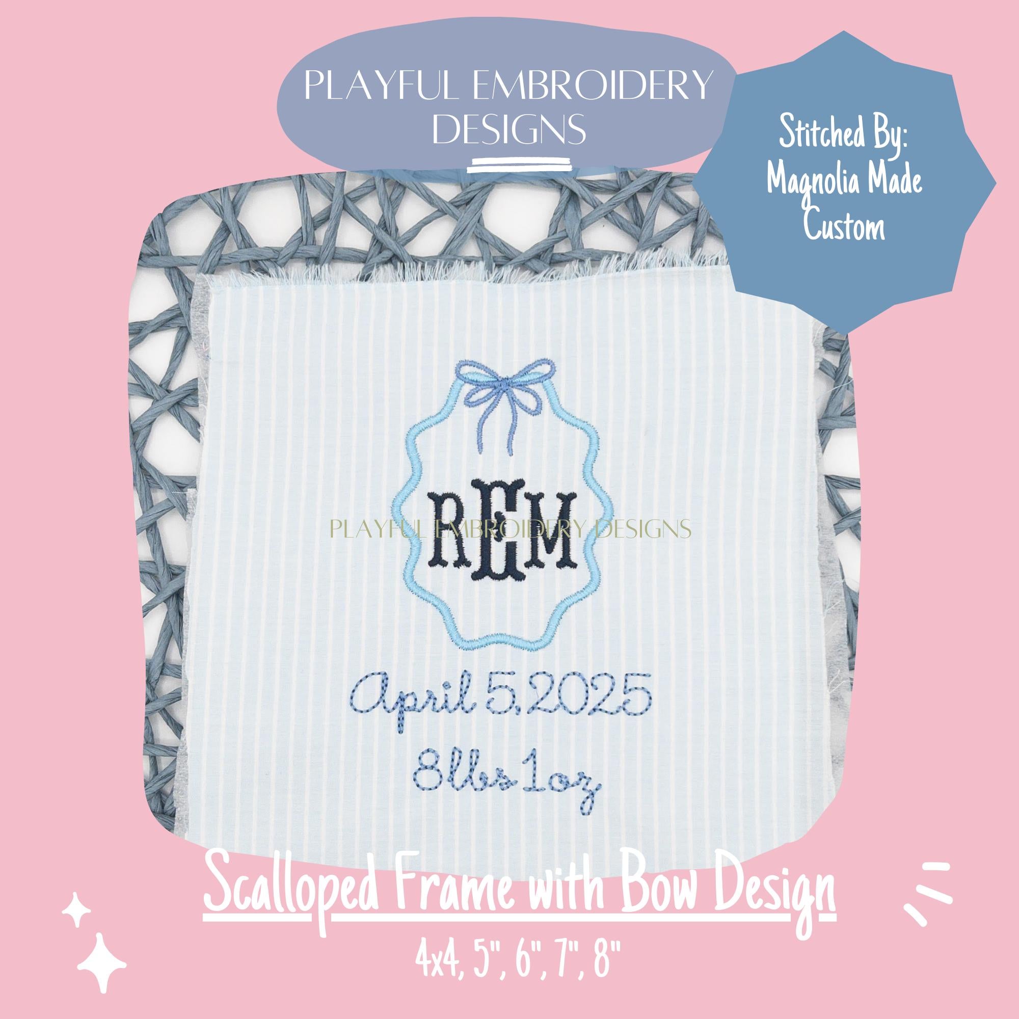 Scalloped Monogram Frame with Bow Machine Embroidery Design, 4x4, 5x7, 6x10, 8x8, Girly Monogram Frame Design, Digital Download