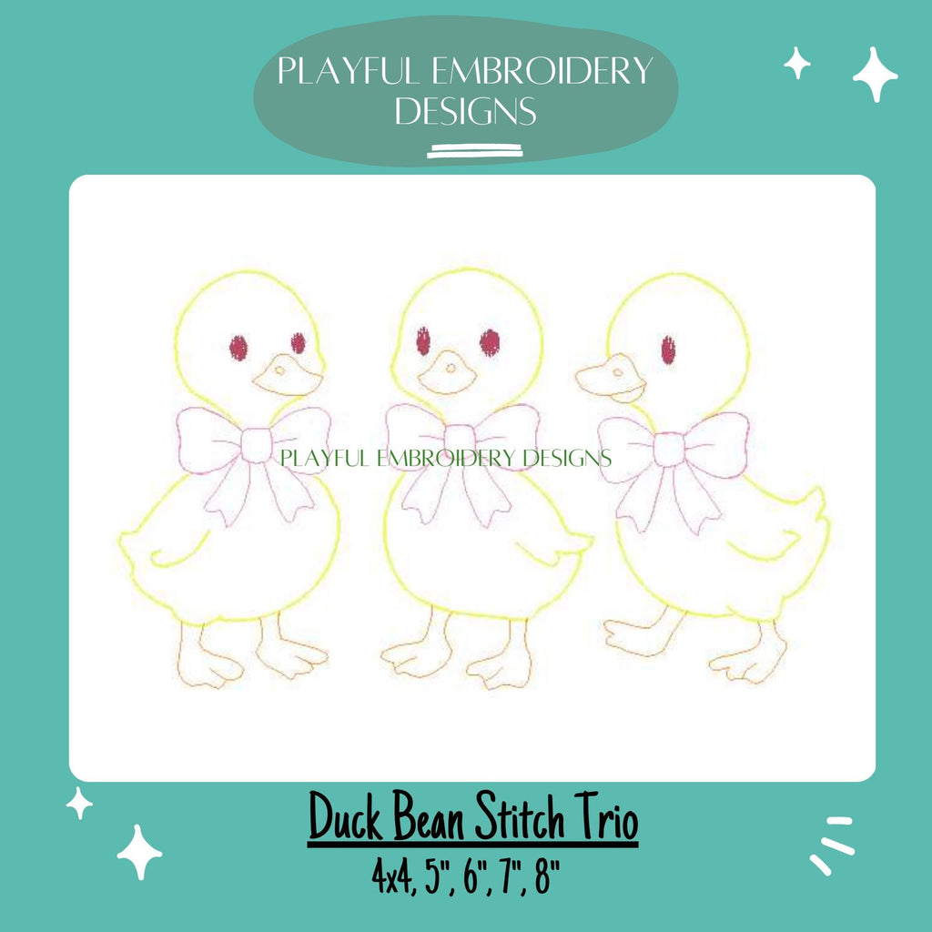 Duck Bean Stitch Trio Design for Machine Embroidery, Vintage Stitch Duck Design, Duck Trio Design, Quick Stitching Baby Design