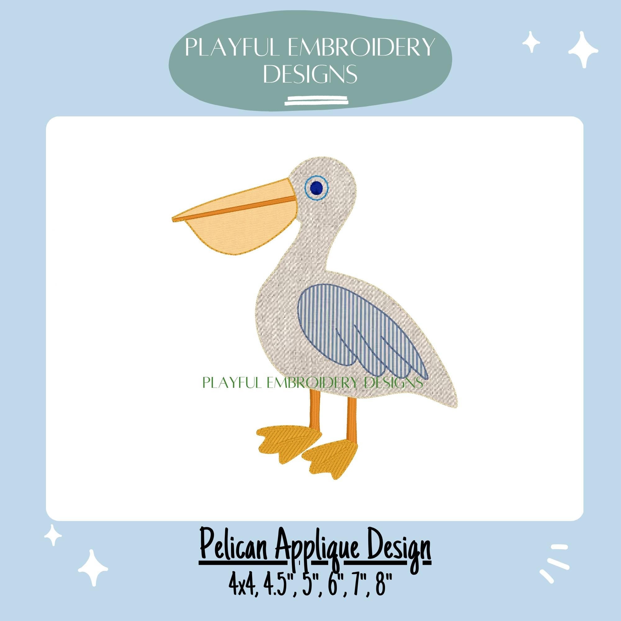 Pelican Applique Machine Embroidery Design, Cute Pelican Bean Stitch Applique Design, Beach Applique Design, Digital Download