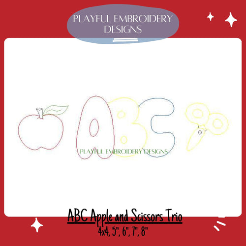 ABC Apple and Scissor Trio Embroidery Design, Back to School Trio Machine Embroidery Design, Back to School Design, ABC Embroidery Design