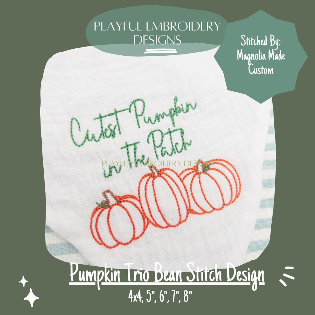 Pumpkin Trio Machine Embroidery Design, Fall Embroidery Design, Bean Stitch Pumpkin Design, Digital Download