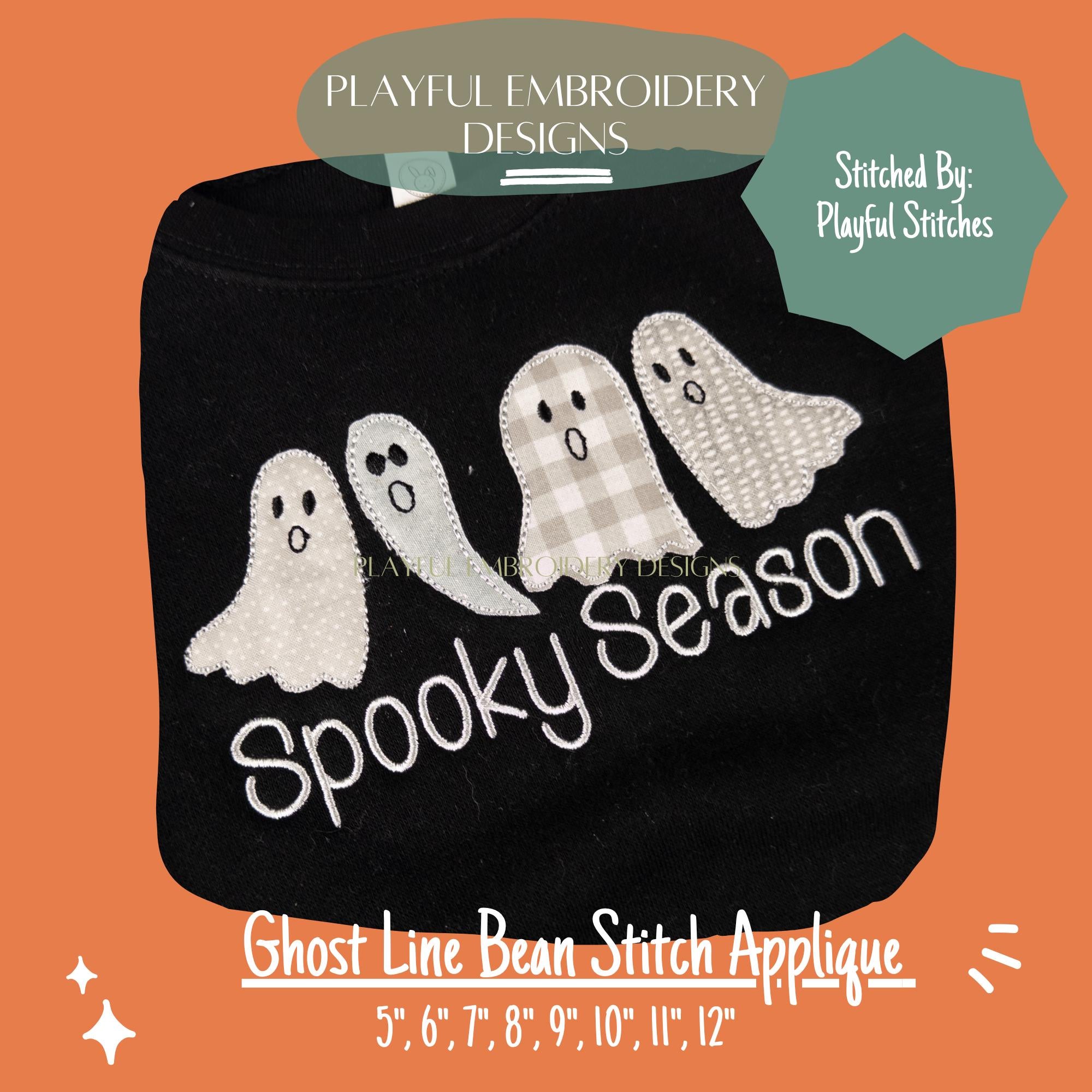 Bean Stitch Ghost Line Applique Machine Embroidery Design, Applique Ghost Designs, Line of Ghost Applique Design, Bean Stitch Applique