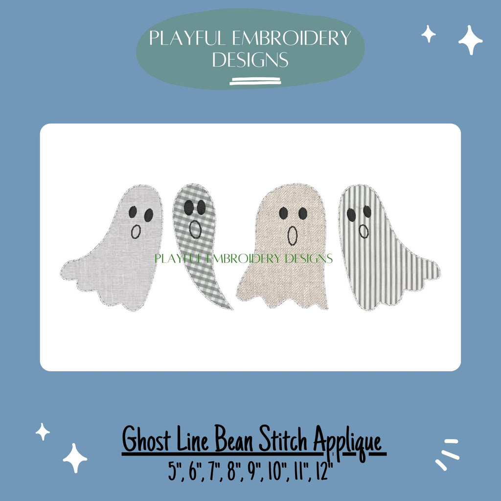 Bean Stitch Ghost Line Applique Machine Embroidery Design, Applique Ghost Designs, Line of Ghost Applique Design, Bean Stitch Applique